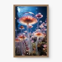 Quadro Decorativo Cogumelos Transparentes – Arte Surreal Bioluminescente