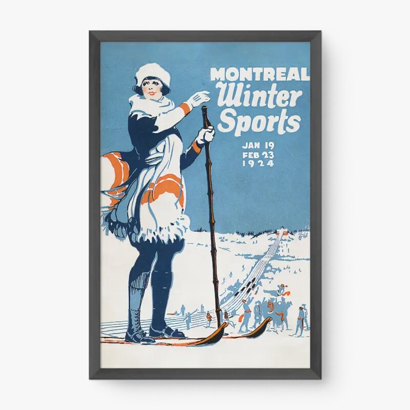 Quadro Decorativo Pôster Esportes de Inverno Vintage – arte retrô inspirada em esportes alpinos e montanhas nevadas