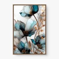 Quadro Decorativo Pétalas de Luxo – Arte Floral Dourada e Azul