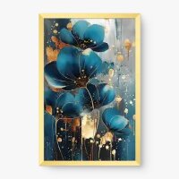 Quadro Decorativo Flores de Safira – Arte Floral Azul e Dourada