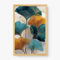 Quadro Decorativo Ginkgo Real – Arte Floral Dourada e Azul-Petróleo