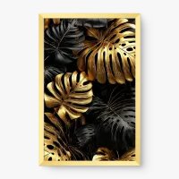 Quadro Decorativo Folhas Negras e Douradas – Arte Tropical de Luxo