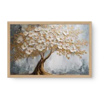 Quadro Decorativo Árvore da Vida Flores Brancas e Douradas – Arte Luxuosa e Simbólica