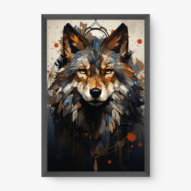 Quadro Decorativo Lobo Quadriculado – arte animal moderna com design geométrico