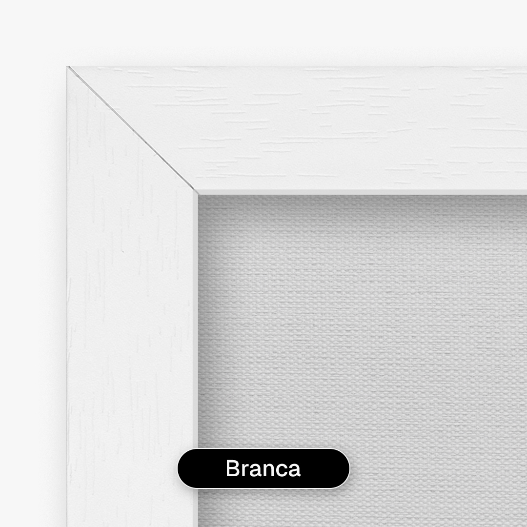 Quadro decorativo com moldura caixa texturizada Branca, oferecendo acabamento sofisticado com textura visível da madeira
