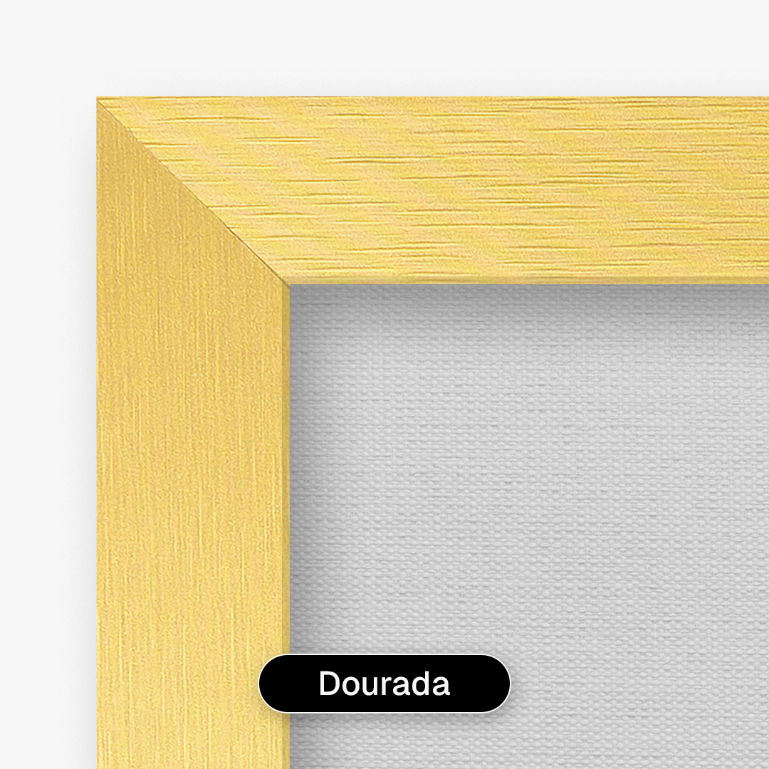 Quadro decorativo com moldura caixa texturizada dourada, oferecendo acabamento sofisticado com textura visível da madeira