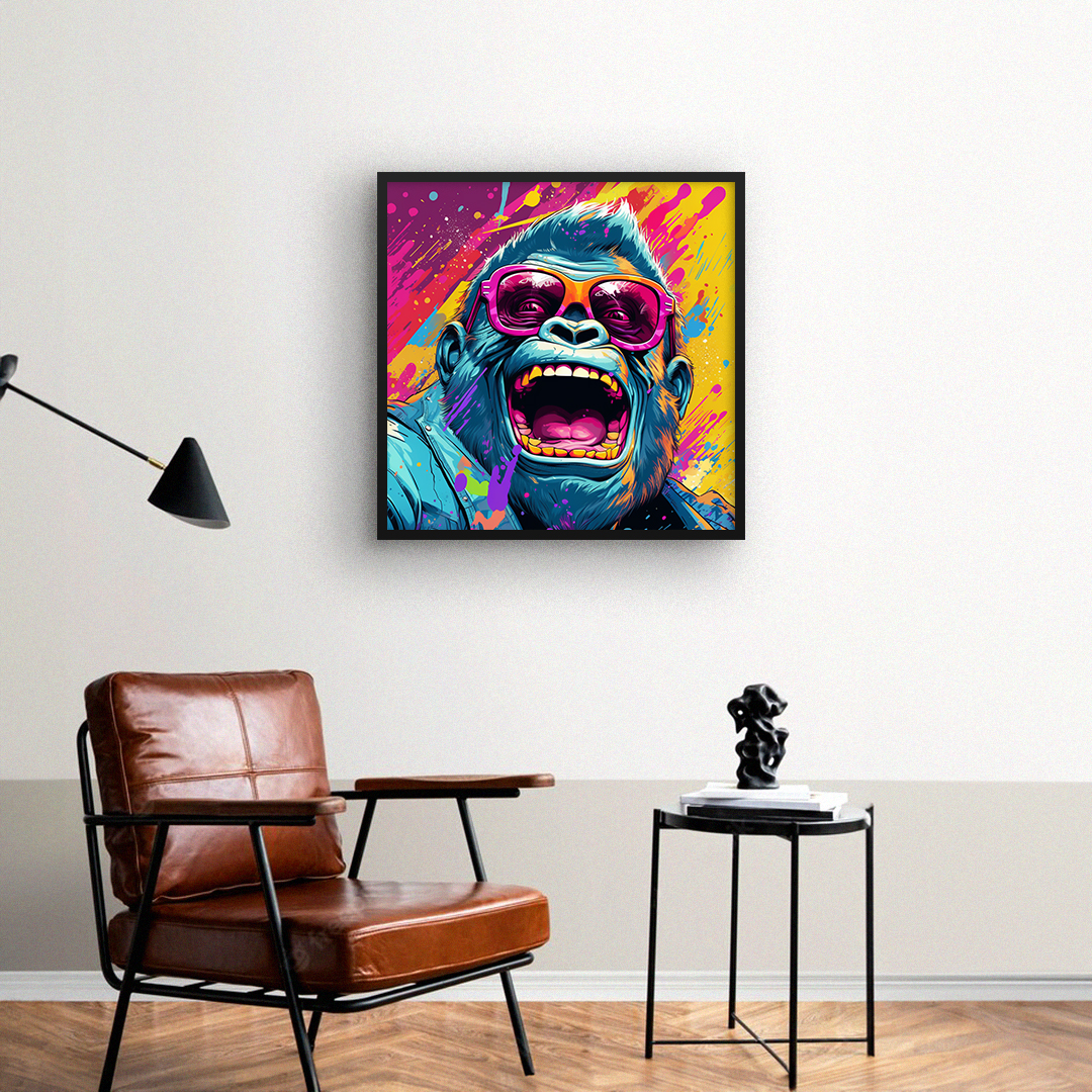 Quadros decorativos de macacos com estilo pop art colorido em sala moderna com poltrona de couro