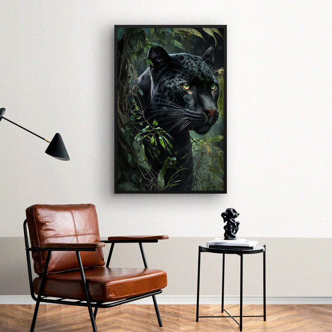 Quadros decorativos de onças com arte de onça preta na selva, em sala moderna com poltrona de couro e escultura artística