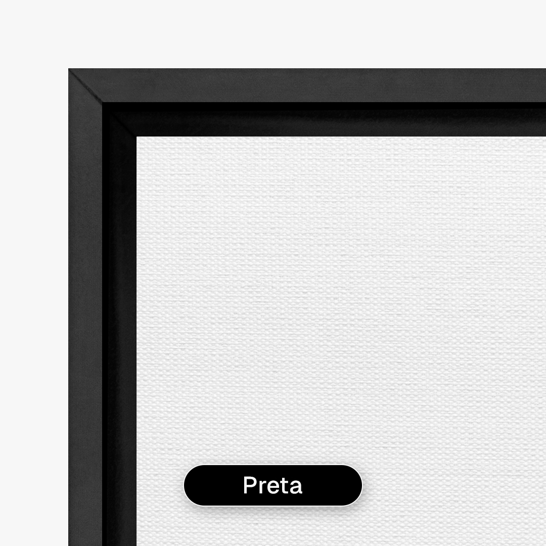 Quadro decorativo com moldura estilo flutuante preta, criando efeito de arte suspensa com visual moderno e sofisticado